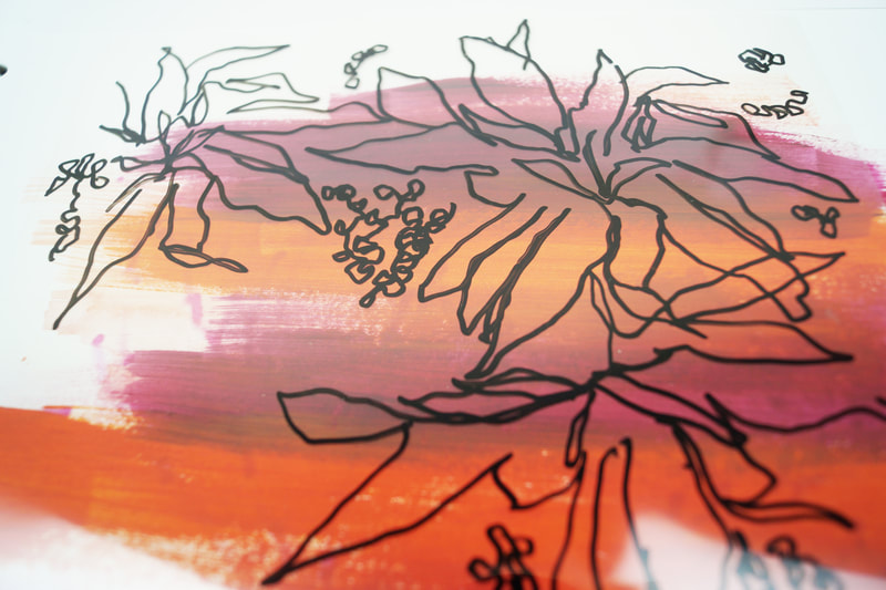 Acetate Floral Drawings Layered on Paint